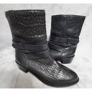 Loeffler Randall Boots Women's 7.5B Black Leather Reptile Bootie Monk Strap
